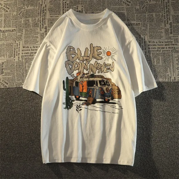 

Vintage Short Sleeve Loose T-Shirt Letters Cartoon Fun Print Men and Women Casual O-Neck Summer Tees Harajuku Street T-Shirt