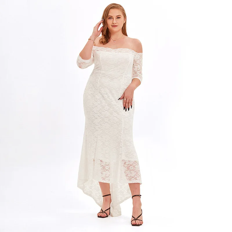 

Summer New Big Sexy Lace Long Dress For Women Off the Shoulder White Irregular Simple Solid Dresses