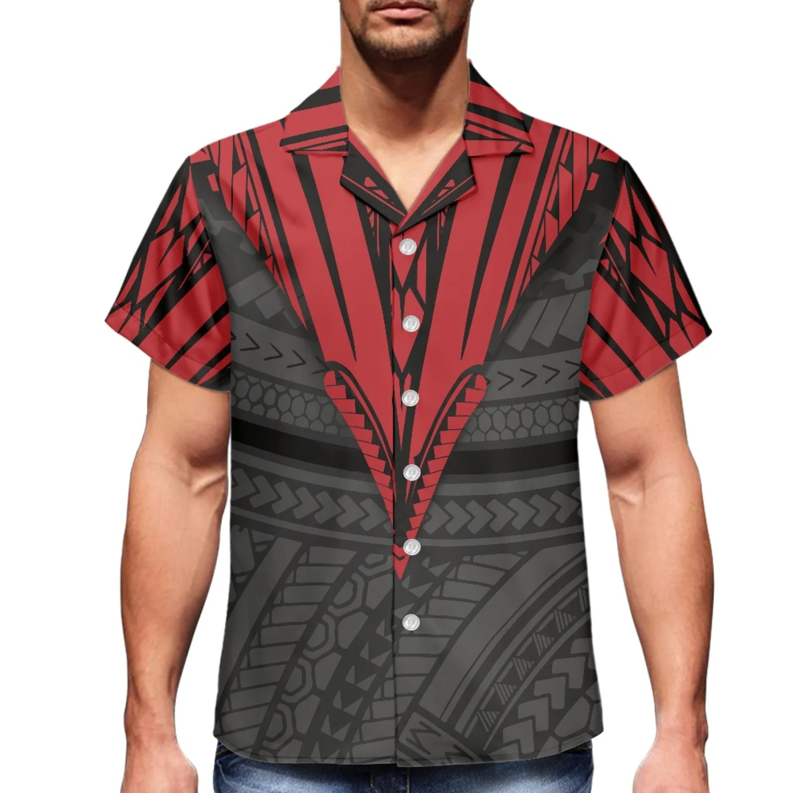 Red Polynesian Tribal Traditional Print 2023 Summer Fake Luxury Men's Shirt V-Neck Men's Short Sleeve Hawaiian Sport Shirt