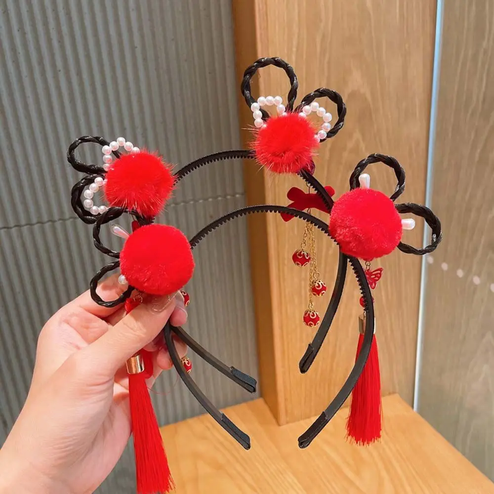 

Tassel Flower Pearl Bow Pigtail Wig Children's Headband New Year Headress Chinese Style Hair Band Hanfu Hair Hoop