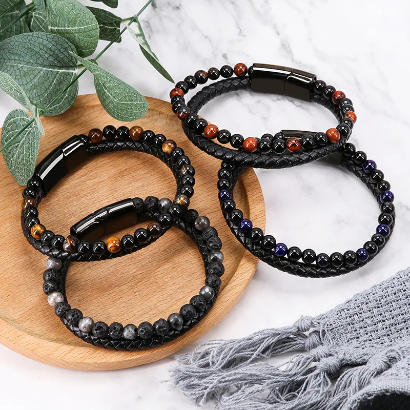 

Beaded Agate Bracelet Men's Cowhide Rope Bracelet Vintage Jewelry Lady's Silver Bracelets for Teens Women's Wrist Bracelets Hand
