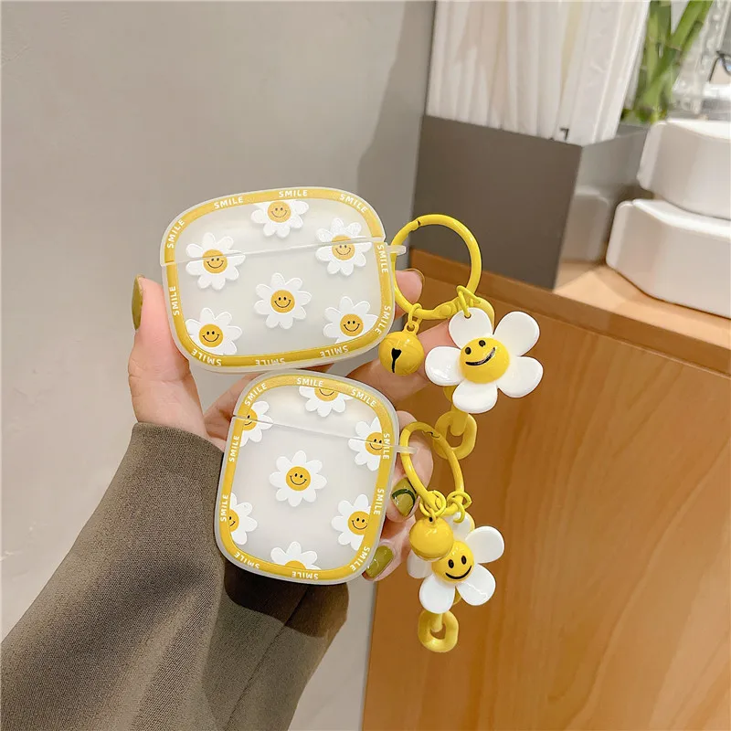 

Soft Silcone Case for AirPods 1 2 Pro Case Square Protective Cover Earphone Accessories with Smile Daisy Flower Ornament Keyring