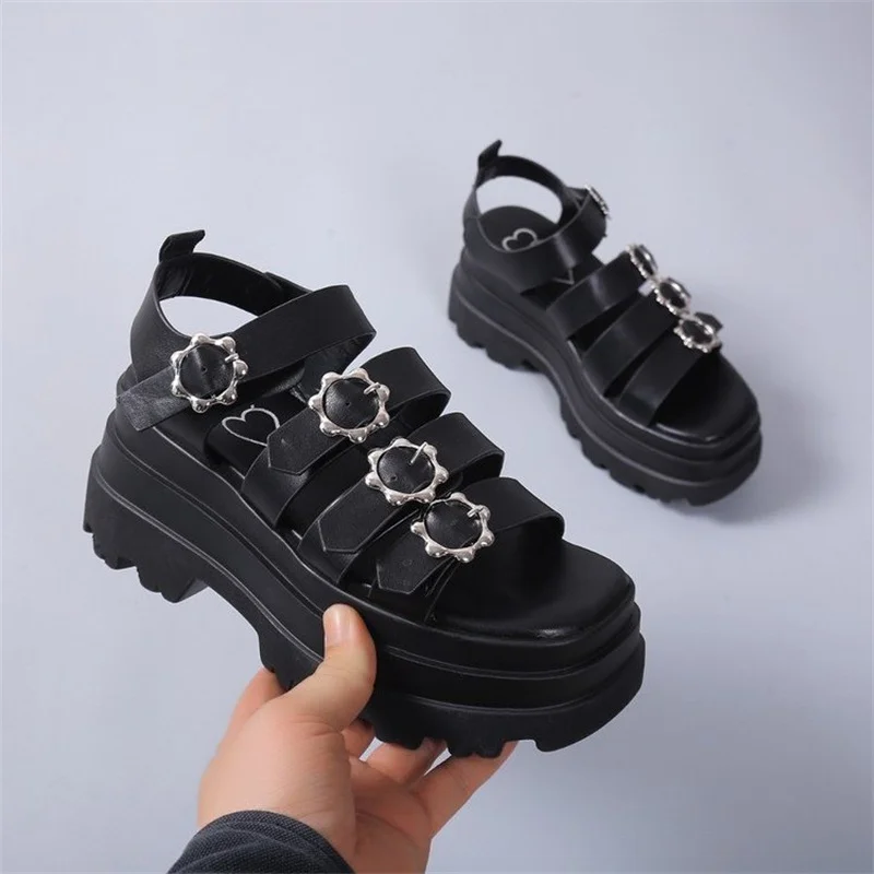 2023 Women's Platform Sandals Summer New Metal Decoration Chunky Black Women Sandals Ladies Casual Roman Sandalias Women Shoes