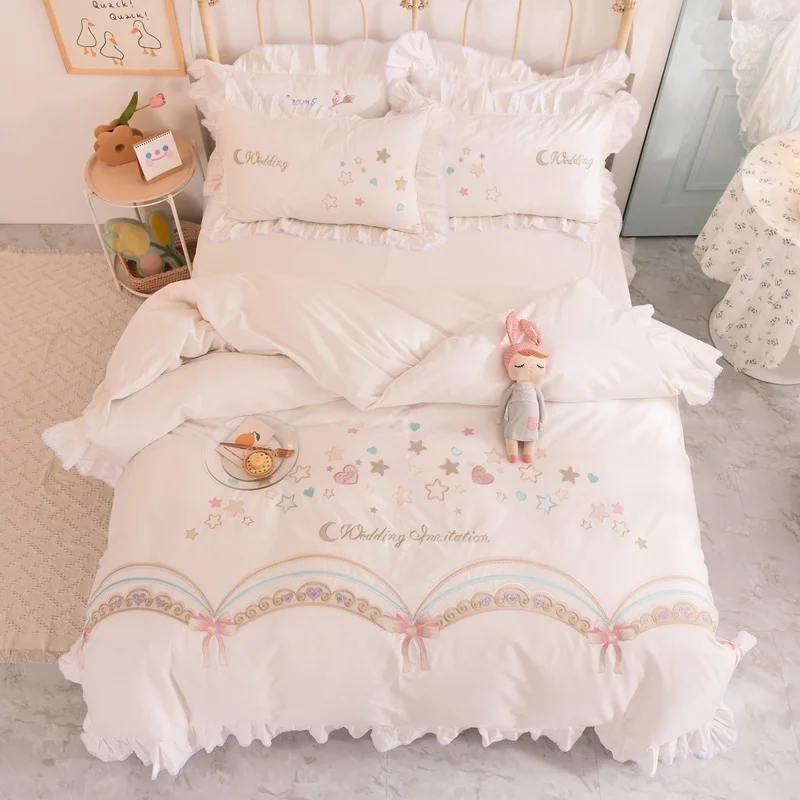 

New Luxury White 100% Cotton Stars Love Embroidery Princess Girls ding Set Ruffle Duvet Cover Sheet Bed Skirt Pillowcases