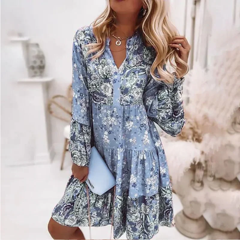 Women's Fashion Spring Autumn New Knee Length Dress Sexy V-neck Style Sweet Printed Long Sleeve Swing Dress