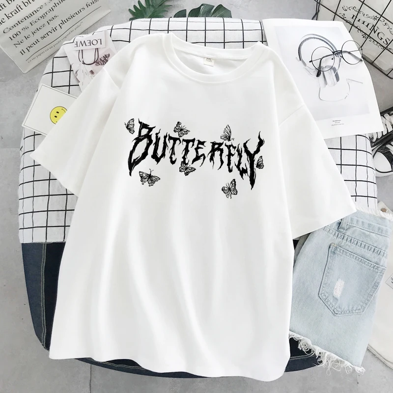 

T-shirt Women Oversized Tshirt Beautiful Gothic Female Butterfly Letter Punk Cartoon Short Sleeve O-Neck Top Harajuku Summer tee