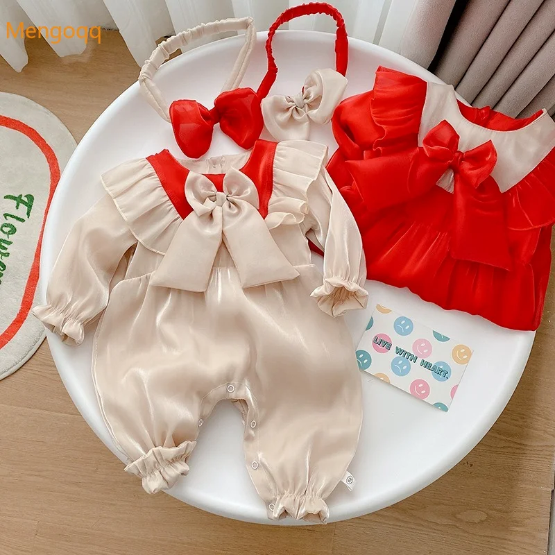 

Mengoqq Infant Baby Princess Autumn Spring Full Sleeve Patchwork Big Bow Ruffles Jumpsuits Kids Newborn Girls Romper 0-24M