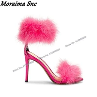 moraima snc open toe pink fur decor sandals cover heel ankle strap stilettos high heels cut out summer wedding shoes on heels