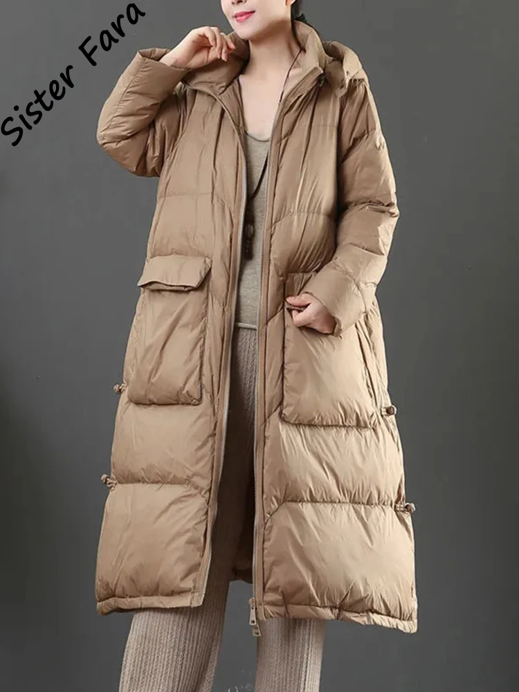 

Sister Fara Winter Long Hooded Down Jacket Women's Thickened Contrast Color Drawstring Down Jacket Hooded Parka Long Puffer Coat
