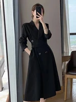 new black long sleeved suit dress womens korean version pocket slits waist slim suit collar shirt long dress spring and autumn
