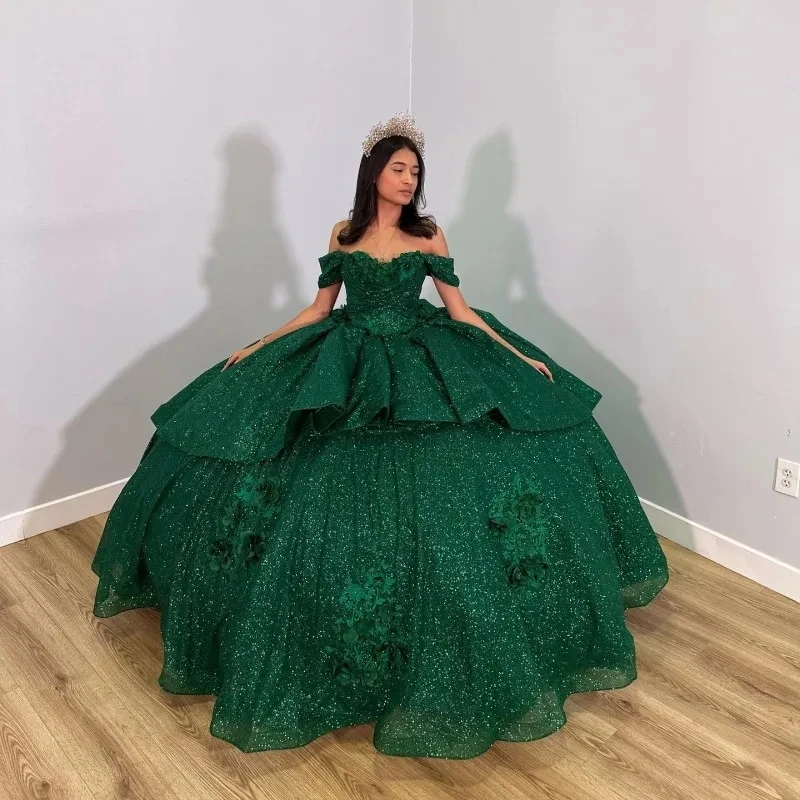 Green Charro Quinceanera Dresses Ball Gown Off The Shoulder Sequins Floral Mexican Sweet 16 15 Anos Customized