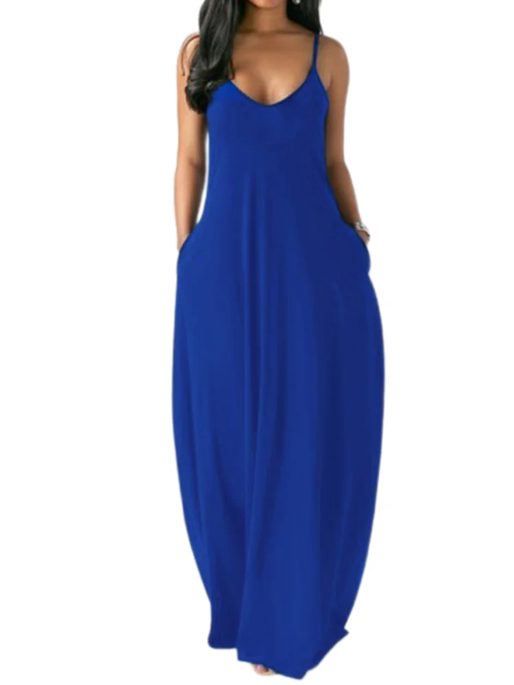 Винтажное женское платье с u-образным вырезом на тонких бретелях Mixi карманами