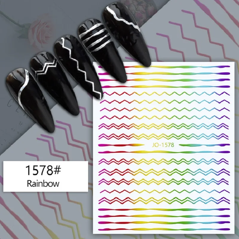 

Wholesale Nails Art 3D Stickers Decals Rainbow Silver Gold Stripe Curve Sticker For Nail Supplies Manicure Nail Art Decoration