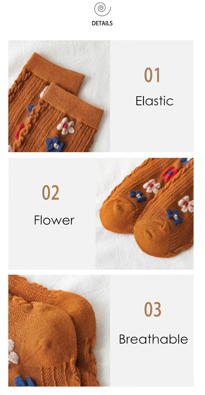 Yasuk Autumn Winter Women's Fashion Solid Cute Flower Casual Comfortable Heigh Tube Stocking Pile Loose Socks 5Pcs