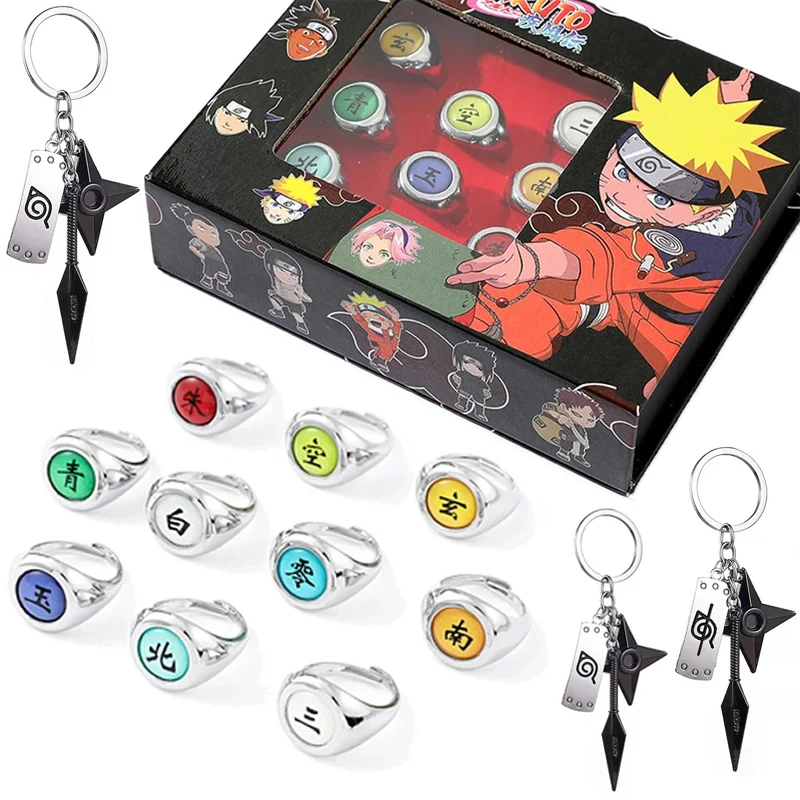 Anime Naruto Akatsuki Itachi anillos de Metal Cosplay Shippuuden Sharingan anillo bolsa mochila llavero conjunto Accesorios regalos