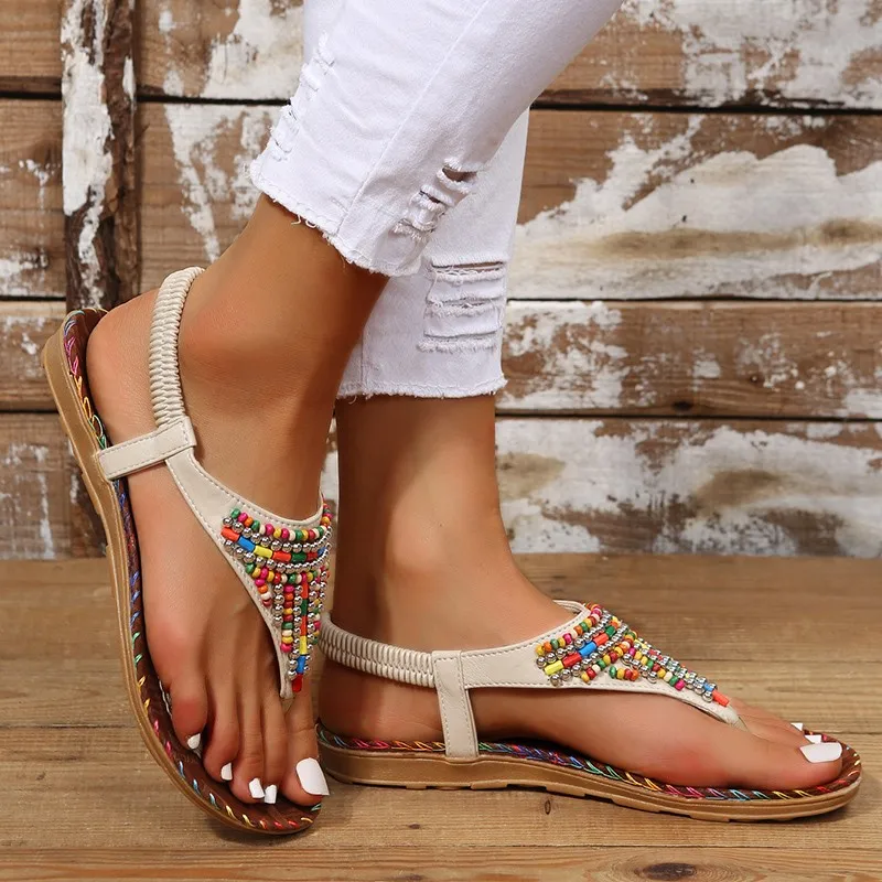 Bohemian Style Flat Sandals for Women Summer 2023 Clip Toe Gladiator Sandals Woman Plus Size Soft Bottom Beach Shoes Flip Flops