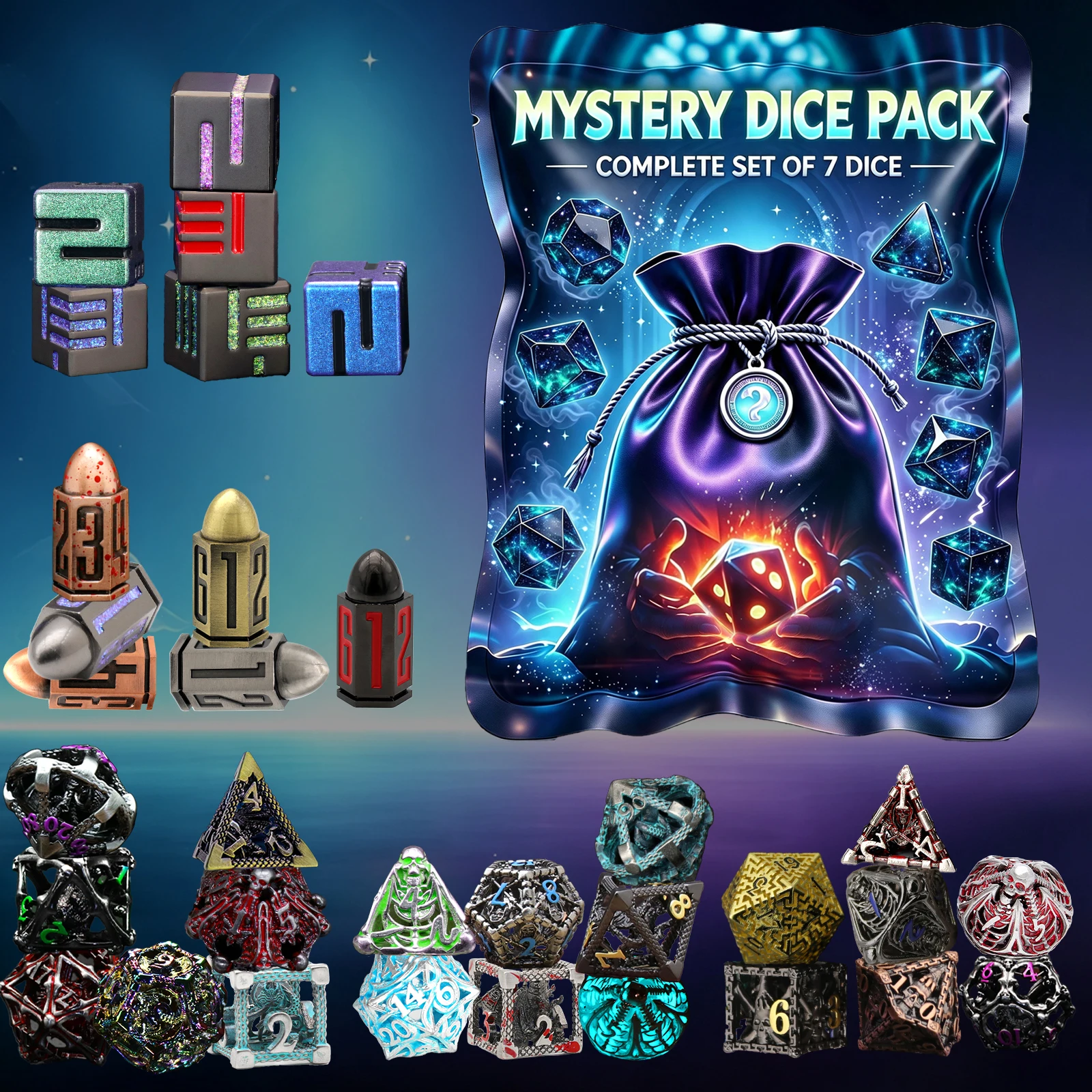 Фото Набор игральных костей Mystery Dice DND, 7 кубиков в подарочном футляре, металлические многогранные кубики для ролевой игры Dungeons and Dragons. №1