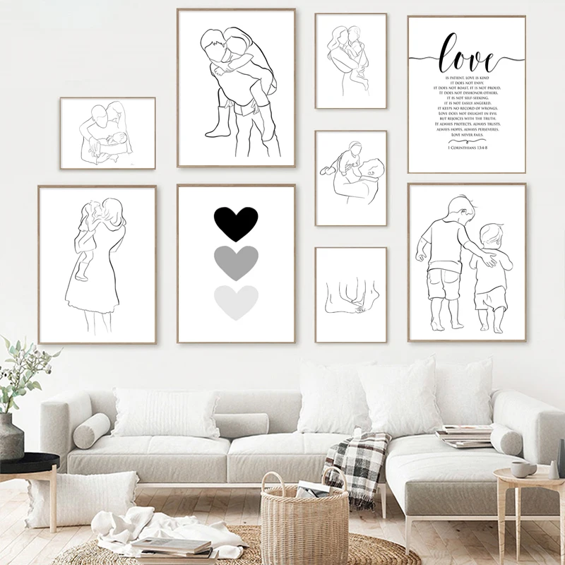 ванию abstrakcyjną czarno-białą linię miłość rodzina obraz ścienny na płótnie skandynawskie plakaty i druki do wystroju salonu