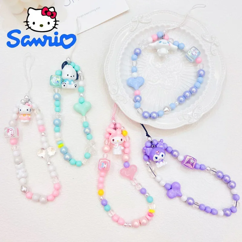 

New Cute Sanrio Phone Strap Cartoon Kuromi Cinnamoroll Beaded Phone Chain Pochacco Creative Phone Case Accessories