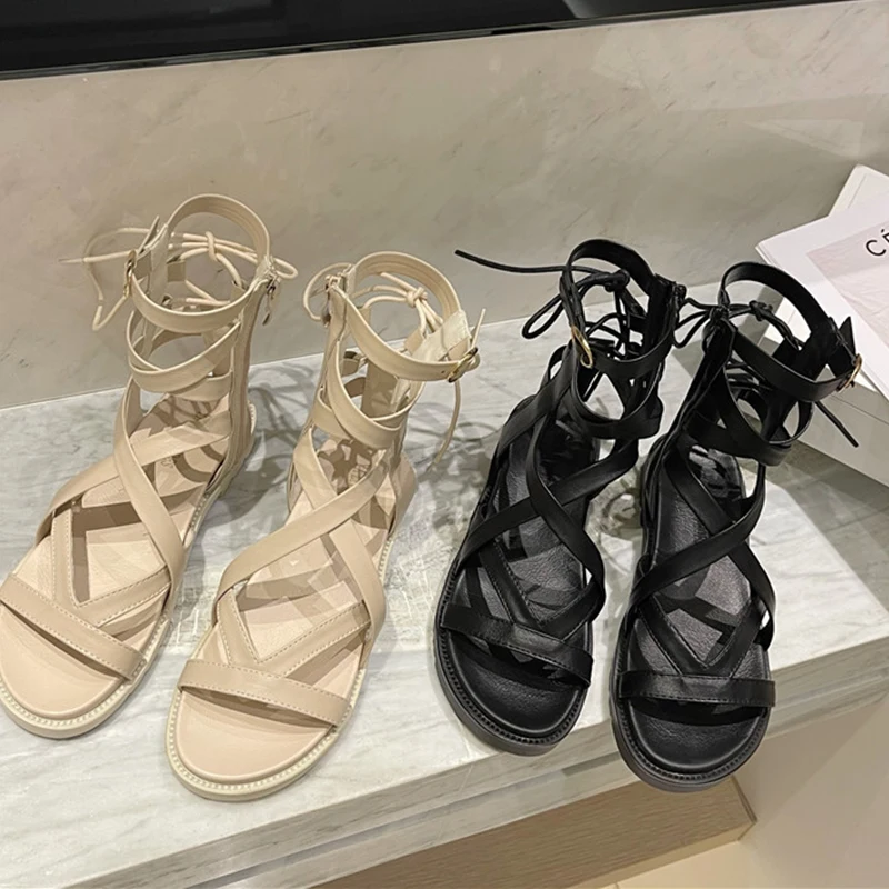 Сандалии в римском стиле женские босоножки на шнуровке с высоким верхом и мягкой