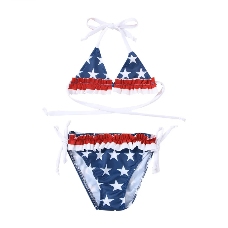 

Baby Girls Summer Bikini Suit, Star Print Ruffle Tie-Up Halter Bra Tops, Side Strappy Triangle Pantie Swimwear 0-24M