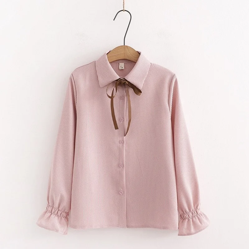 

2022 Summer Women's New Shirt Korean Version Striped Lace-up Shirt Women's College Wind Chiffon Bottoming Solid Color Shirt Top