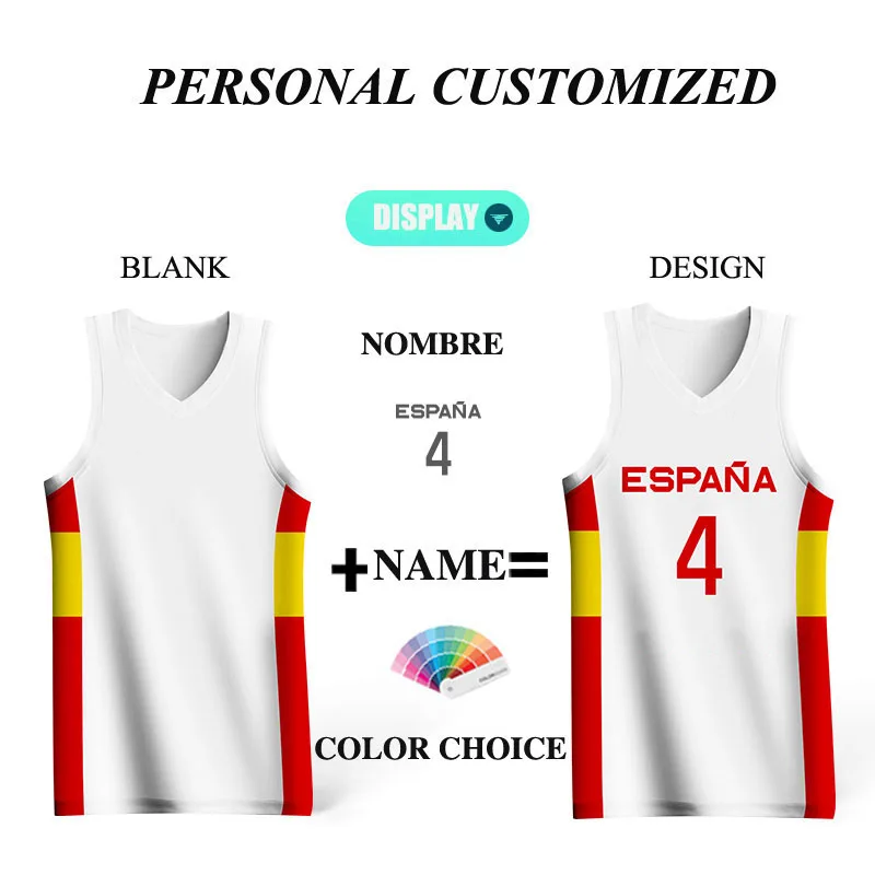 Basketball Sets For Men Customizable Team Name Number Logo Spain Letter Screen Printed Jerseys Shorts Fitness Training Tracksuit