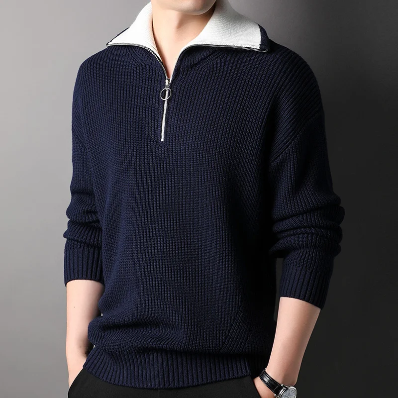 Winter Woolen Sweater Half Turtleneck Zipper Sweater for Young and Middle-Aged Men Padded Top Thermal Sweater Tide