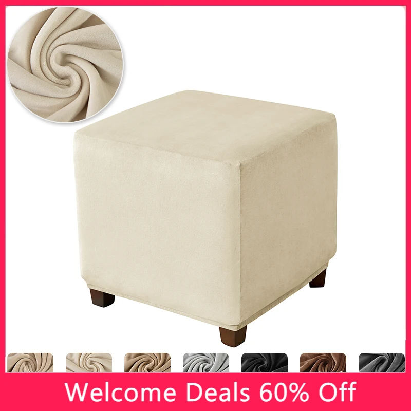 Velvet Square Ottoman Cover Stretch Bedroom Footstool Slipcover Living Room Stool Covers Washable Furniture Protector 3 Size