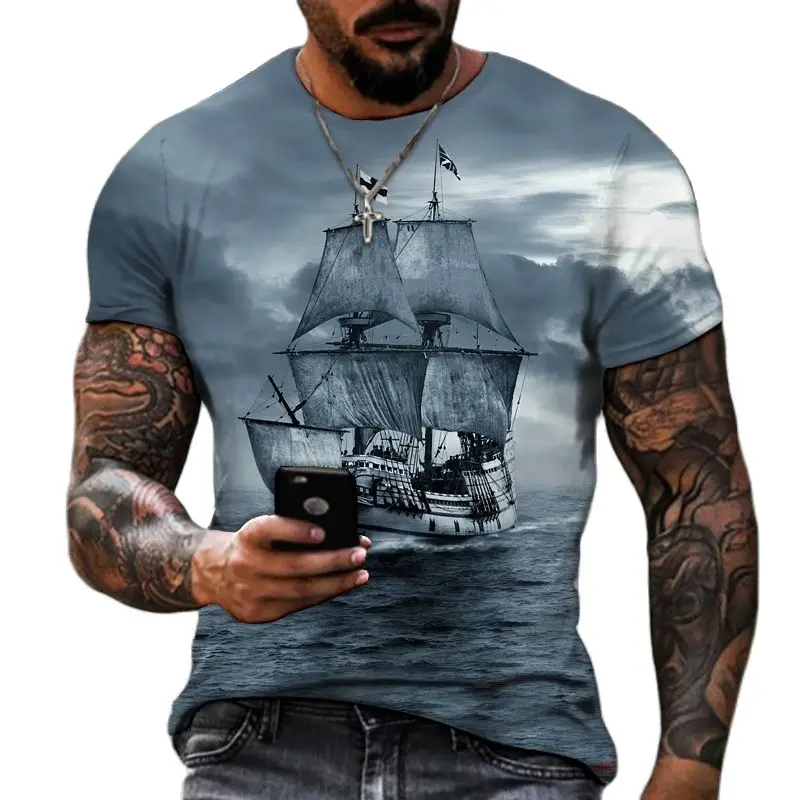 

T-shirts 3D Vintage Men Ship Printed Pirate Ship Crew Neck Short Sleeve T Shirt For Men Oversized Tops Tee Shirt Homme Camiseta