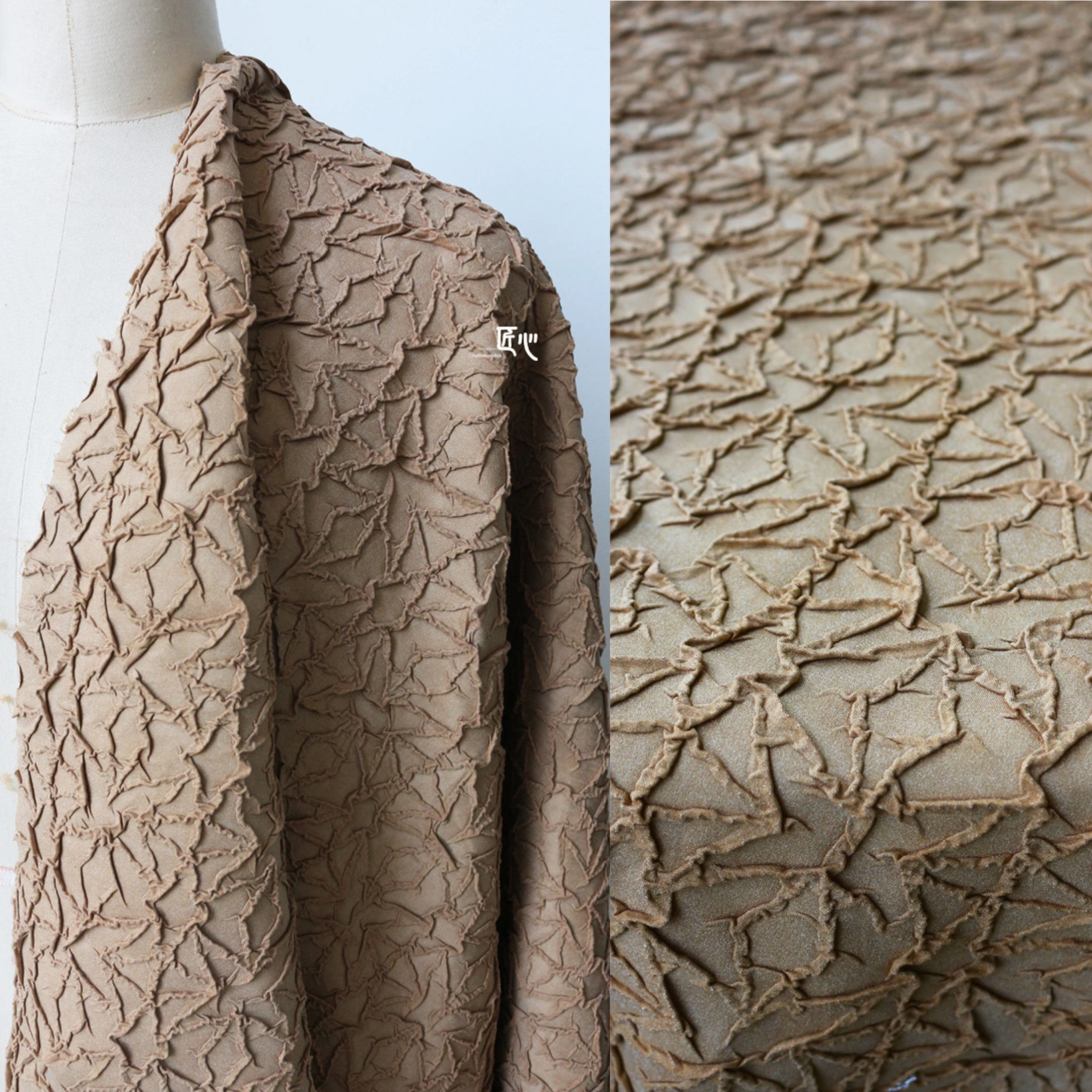 

Camel-colored Stone Flower Handmade Three-dimensional Texture Bumpy Cracked Suede Trench Coat Suit Designer Fabrics
