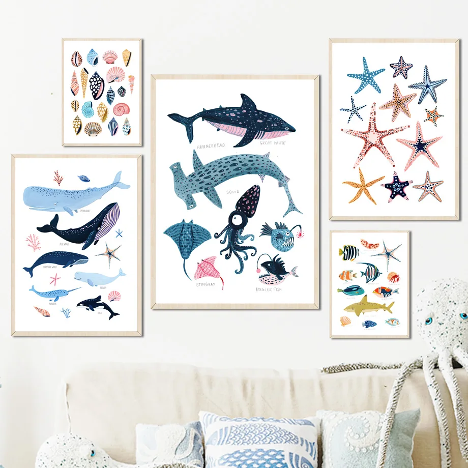 

Sea Animal Shark Whale Starfish Conch Starfish Wall Art Canvas Painting Nordic Posters And Prints Wall Pictures Kids Room Decor