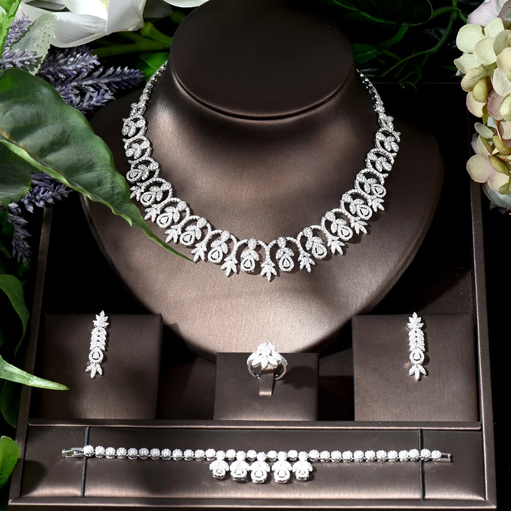 Fashion Full Cubic Zirconia Necklace and Earring Set 4pcs Women Bridal Jewelry Sets Dubai Wedding Jewelry Bijoux Female N-1119