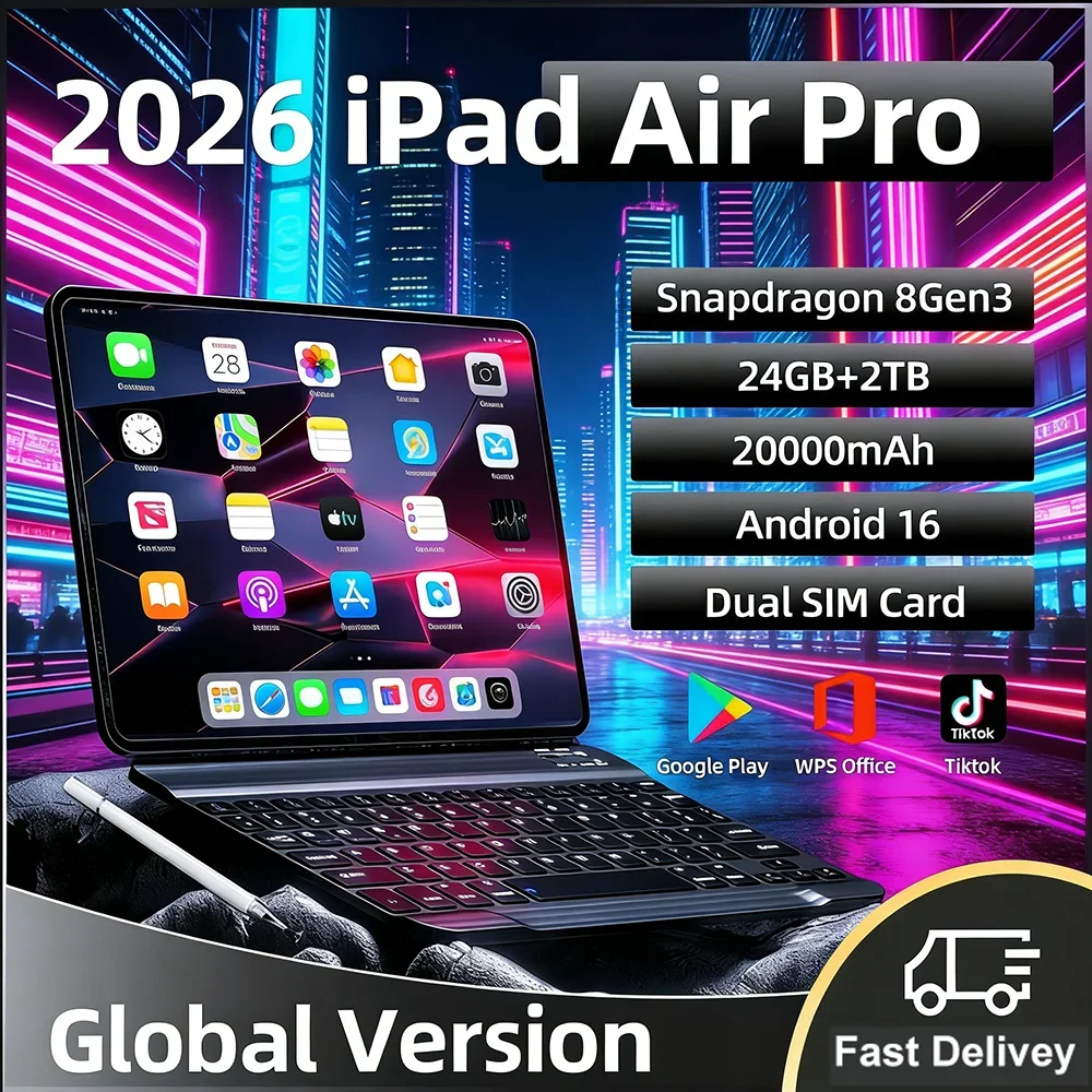 Фото Оригинальный планшет 2026 года 12-дюймовый iPad Air Pro 5G, 24 ГБ ОЗУ, 2 ТБ ПЗУ, 20000 мАч, Snapdragon 8 Gen 3, Android 16, 5G, Dual SIM, GPS, Wi-Fi №1