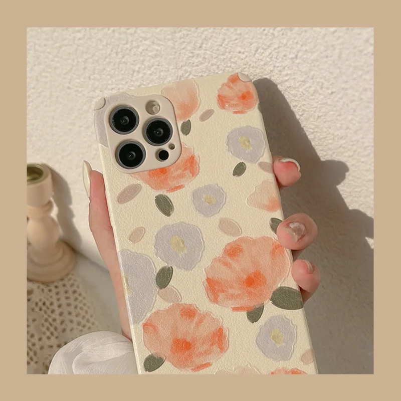 

Leather pattern retro watercolor flower Phone Case For iphone 14 13 12 11 Pro Max X XR XSMAX 7 8 Plus SE TPU Case Cover
