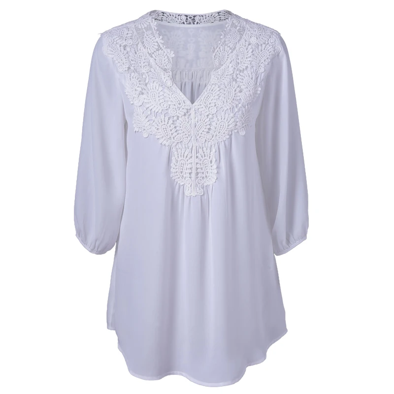 

ROSEGAL Female Casual Top Lace Applique V Notched White Blouse Three Quarter Sleeve Spring,Fall Fashion Trend Tee Women's Cloth