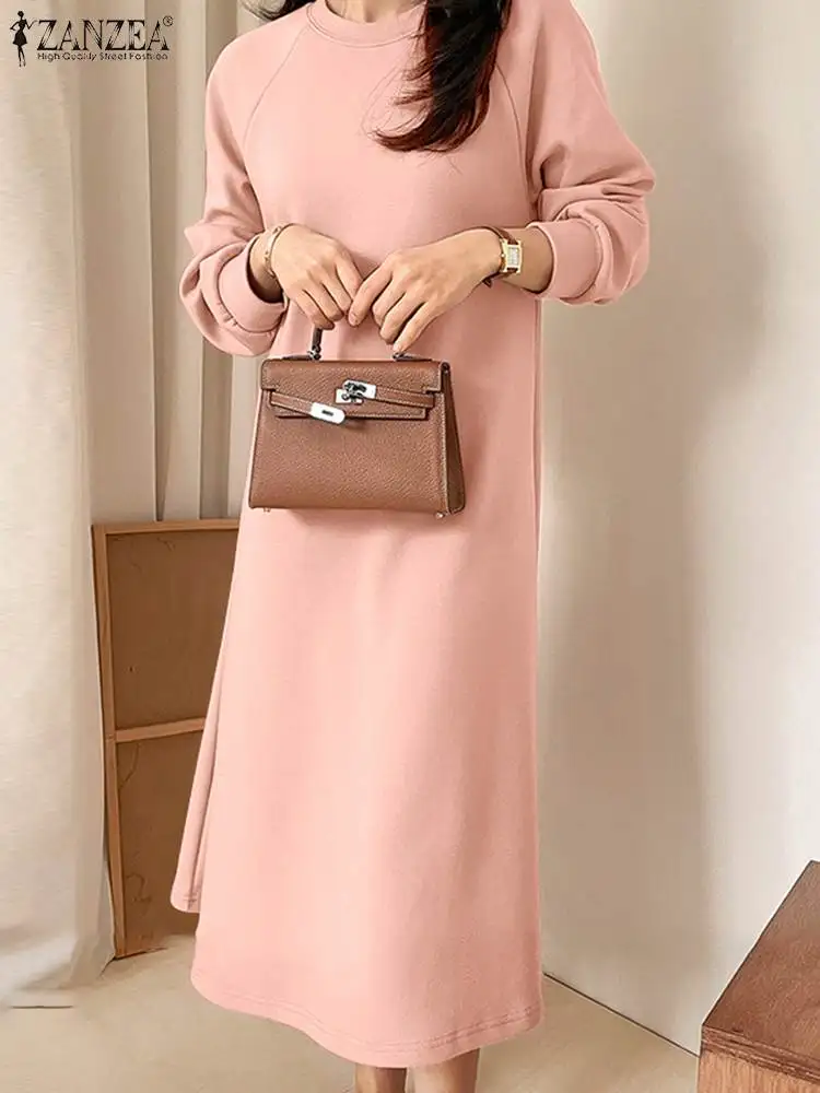 

ZANZEA Women's Casual Loose Sundress Elegant Office Pullover Dress Spring Long Sleeve Midi Vestidos O Neck Robe Femme Kaftan