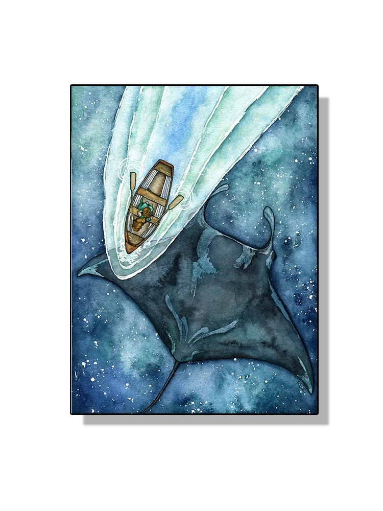 Абстрактный плакат с китом, оркой и девушкой на холсте