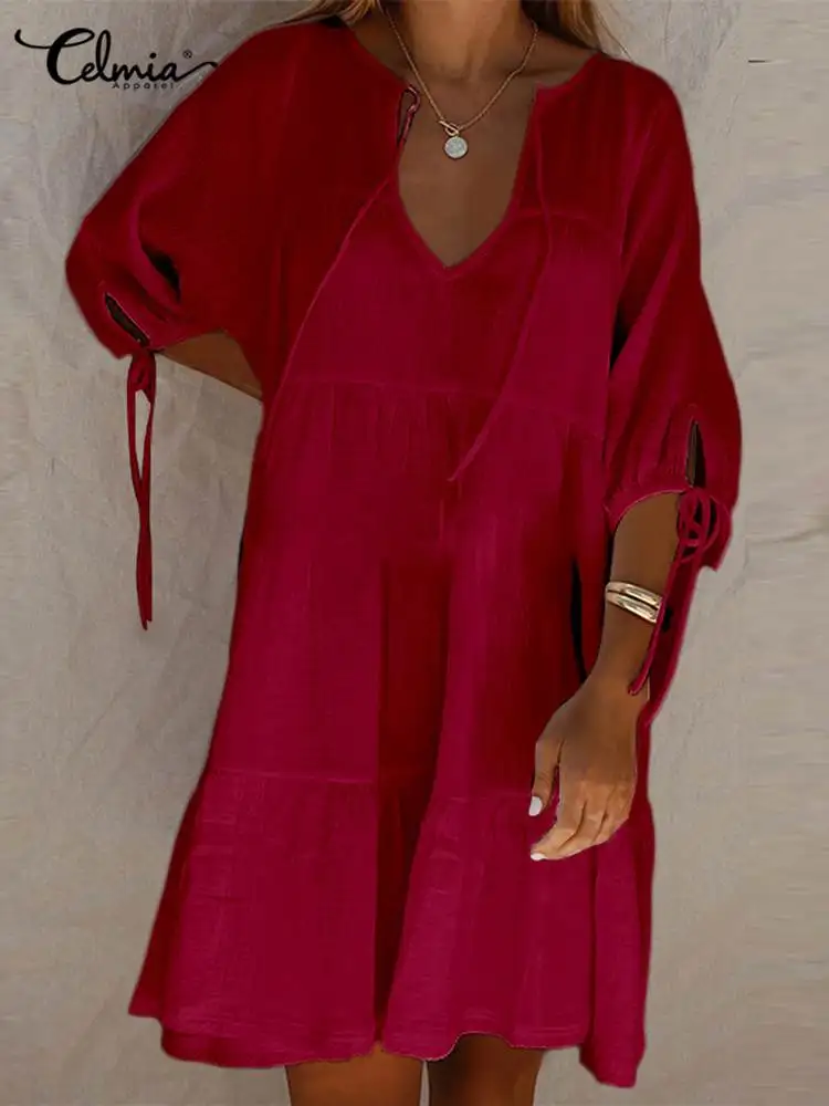 

Повседневный Свободный Мини Сарафан Celmia на шнуровке с V-образным вырезом, женское пляжное короткое платье с рукавом 3/4, модные летние платья ...