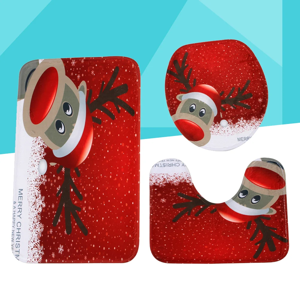 

3pcs Toilet Rug Bathroom Mat Non-Slip Printed Absorbent Bath Mat Toilet Lid Cover