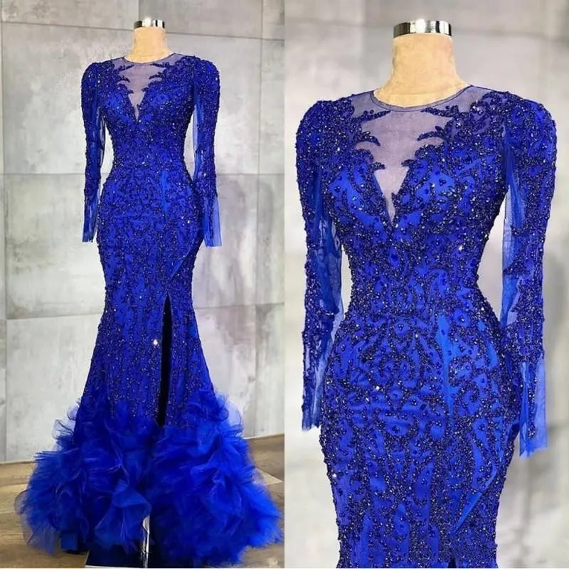 

2022 Royal Blue Muslim Mermaid Evening Dresses Beading Formal Dubai Vestidos De Fiesta De Noche Kaftan Women Prom Party Gowns