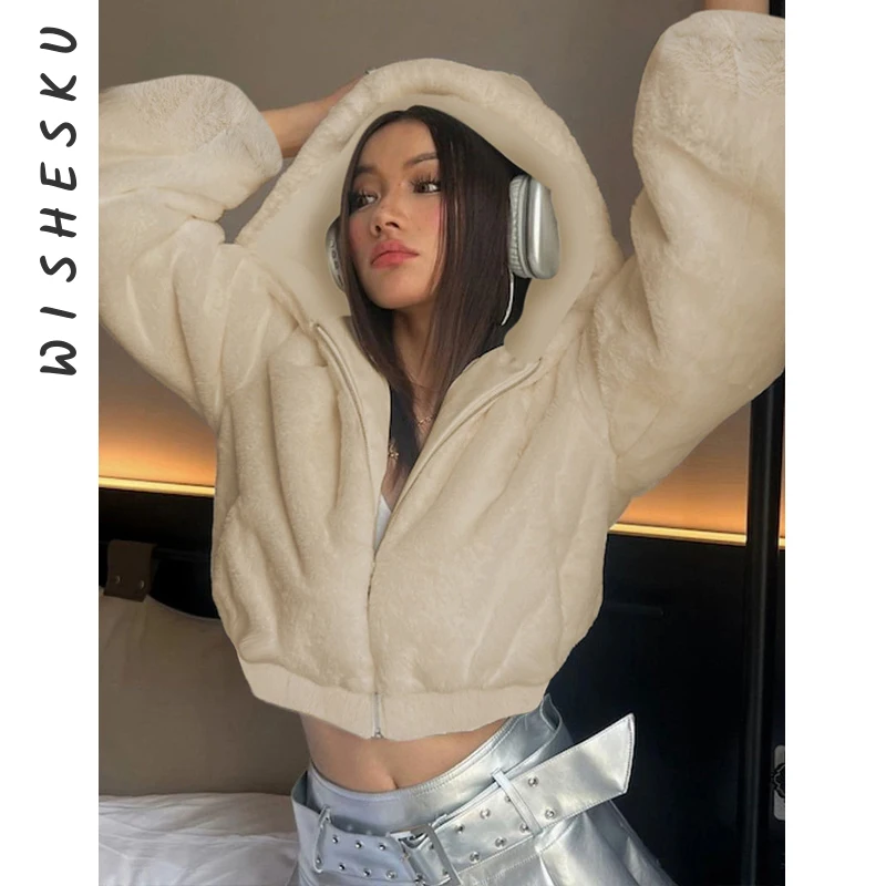 

Hooded Cropped Jacket Faux Fur Winter Outwear 2023 Women Soft Plush Long Sleeve Casual Fashion Warm Coat Birthday Luxury Clothes