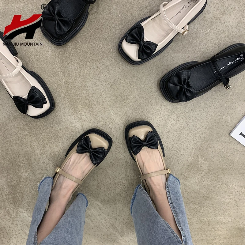 

2022 Flat Shoes Women Single Shoes Square Toe Mary Jane Shoes Bow-Knot Comfortable Soft Sole