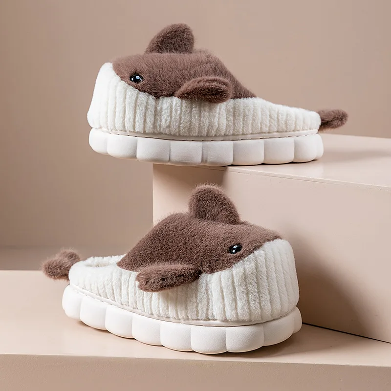 

Warm Winter Women Plush Shark Thick Platform Cartoon Cotton Slippers Outdoor Fur 3D Home Slip On Non-slip Girls Ladies Shoes