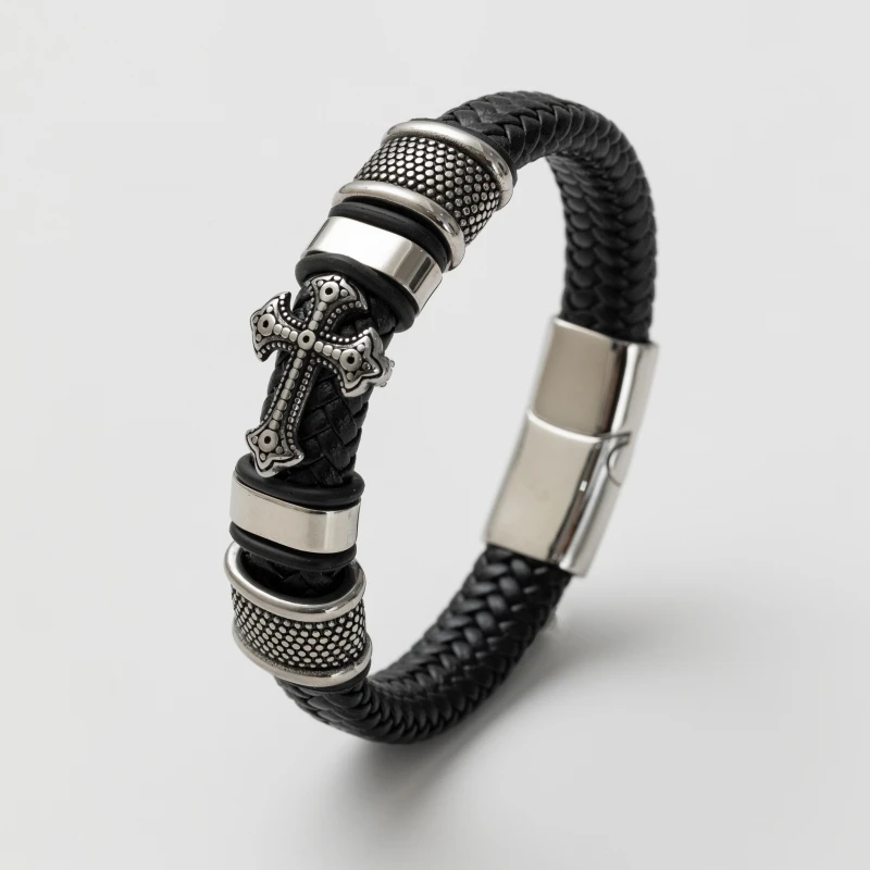 

Vintage Leather Hand Woven Titanium Steel Magnet Buckle Cross Bracelet Casual Sports Men's Bracelet Hot Sale