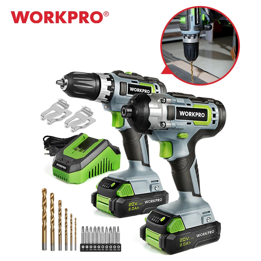 WORKPRO 21PC 20V Li-ion Cordless Compact Drill Driver Set and Impact Driver Set Including 2 Fast Charging Batteries Power Tool