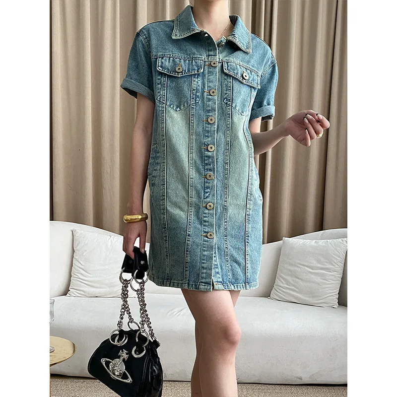 

Vintage Loose Casual Women Dress Short Sleeves Turn-Down Neck Denim Dresses