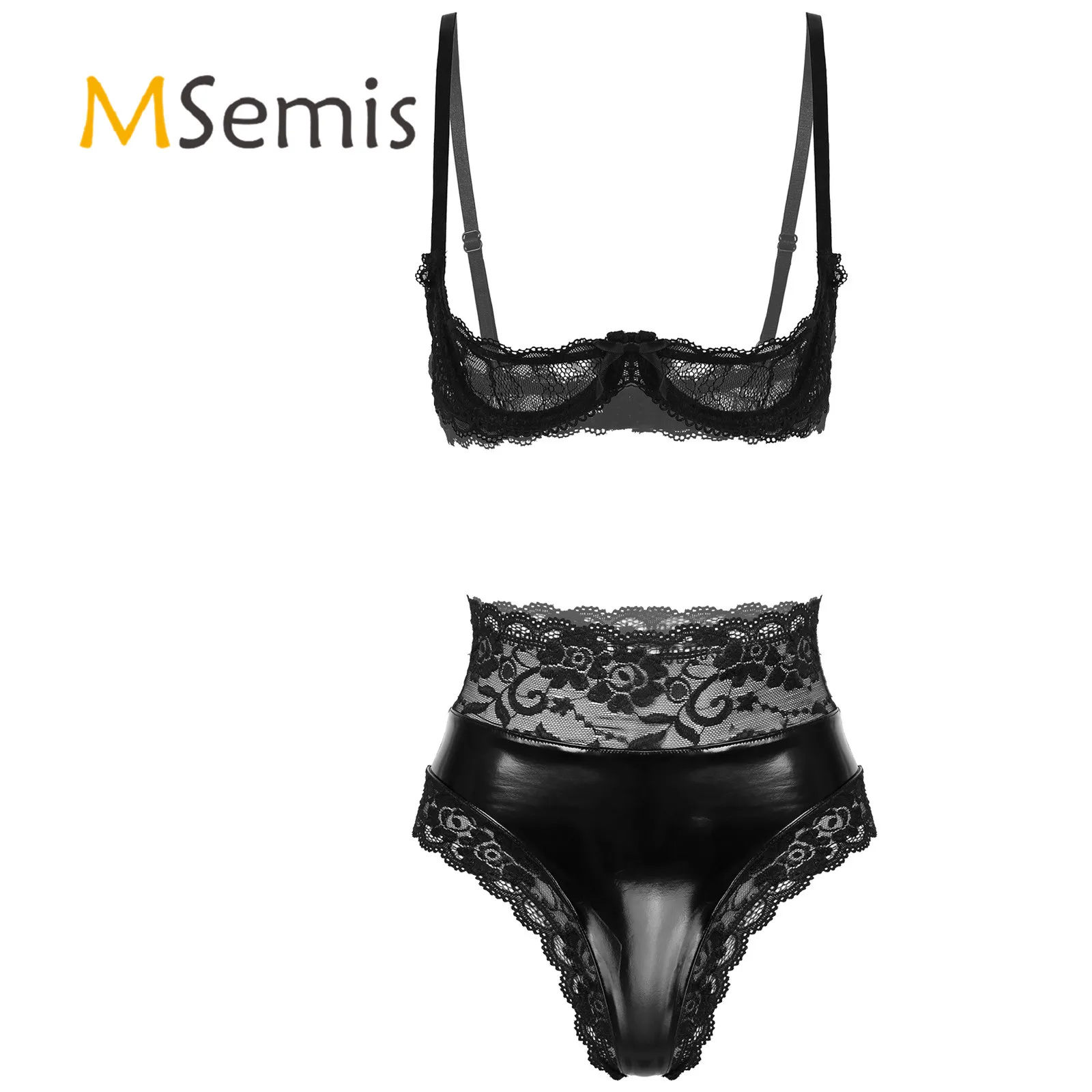 

Womens Lingerie Set Adjustable Spaghetti Straps 1/4 Cups Underwire Bra Tops with Lace Trimming Patent Leather Briefs Underwear