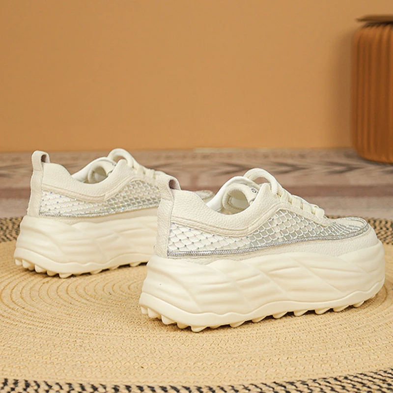 Rhinestone Decor 5cm Air MeshGenuine Leather Slides Hollow Ladies Summer Breathable Female Platform Sandals Wedge Shoes