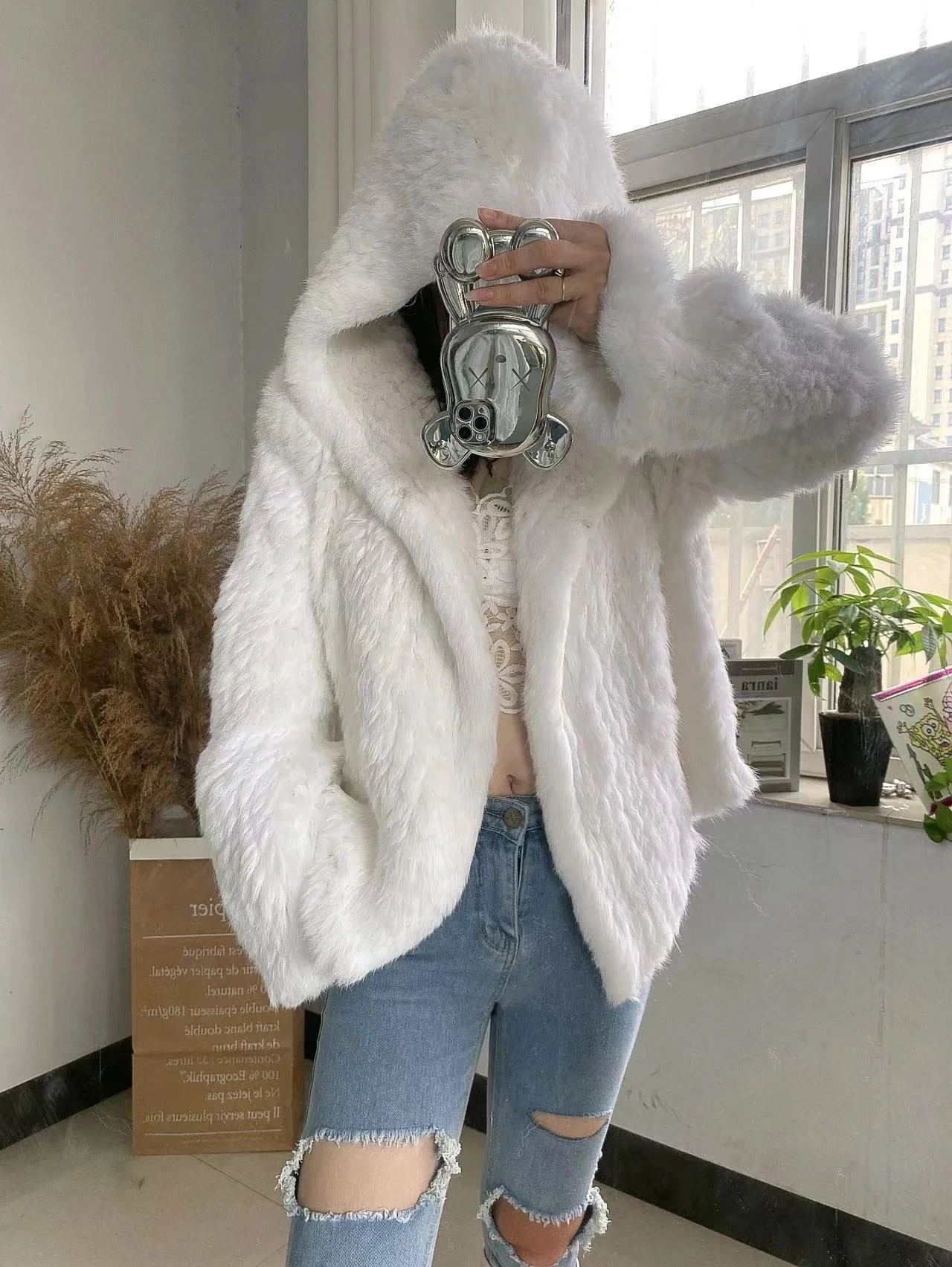 Женское короткое пальто из натурального кроличьего меха